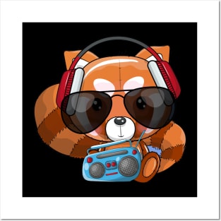 cute cartoon red panda listening music illustration Posters and Art